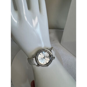 Women's Embassy crystal bezel Pearl face Watch White croc band 9”